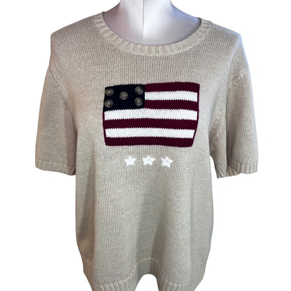 Sag Harbor Sweaters - Americana American Flag Short Sleeve Knit Sweater Beige Crew Neck Grandmacore